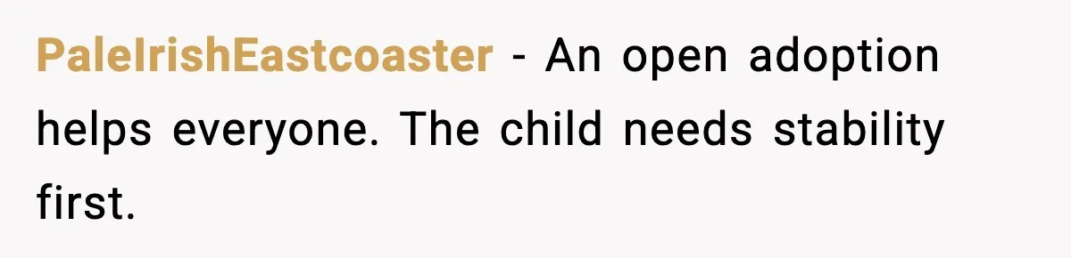 PaleIrishEastcoaster - An open adoption helps everyone. The child needs stability first.