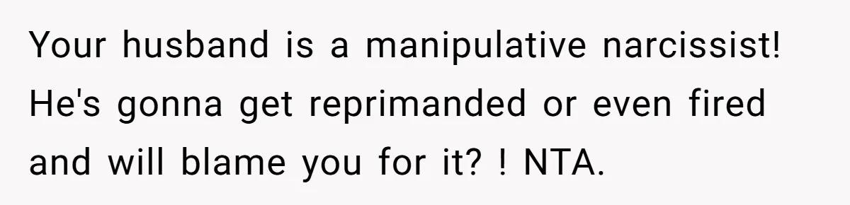Your husband is a manipulative narcissist! He's gonna get reprimanded or even fired and will blame you for it? ! NTA.