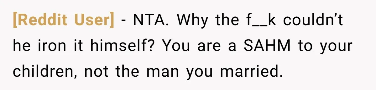 [Reddit User] − NTA. Why the f__k couldn’t he iron it himself? You are a SAHM to your children, not the man you married.
