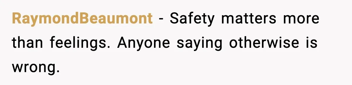 RaymondBeaumont - Safety matters more than feelings. Anyone saying otherwise is wrong.