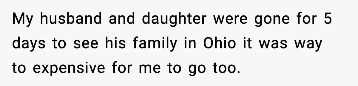 My husband and daughter were gone for 5 days to see his family in Ohio it was way to expensive for me to go too.