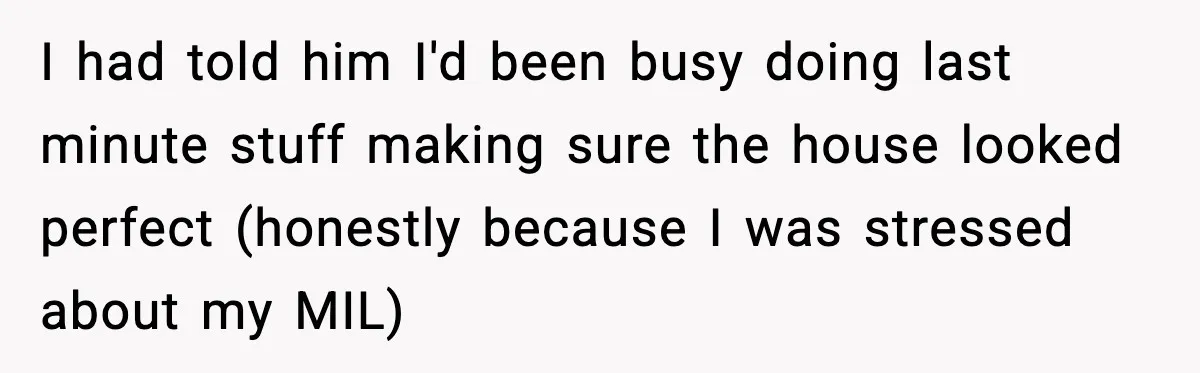 I had told him I'd been busy doing last minute stuff making sure the house looked perfect (honestly because I was stressed about my MIL)
