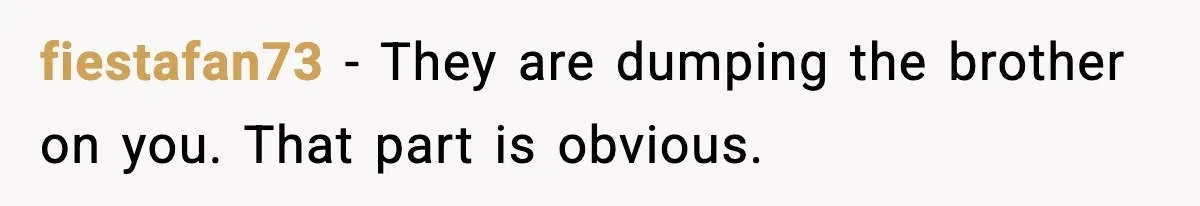 fiestafan73 - They are dumping the brother on you. That part is obvious.