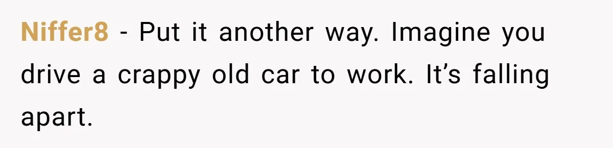 Niffer8 − Put it another way. Imagine you drive a crappy old car to work. It’s falling apart.