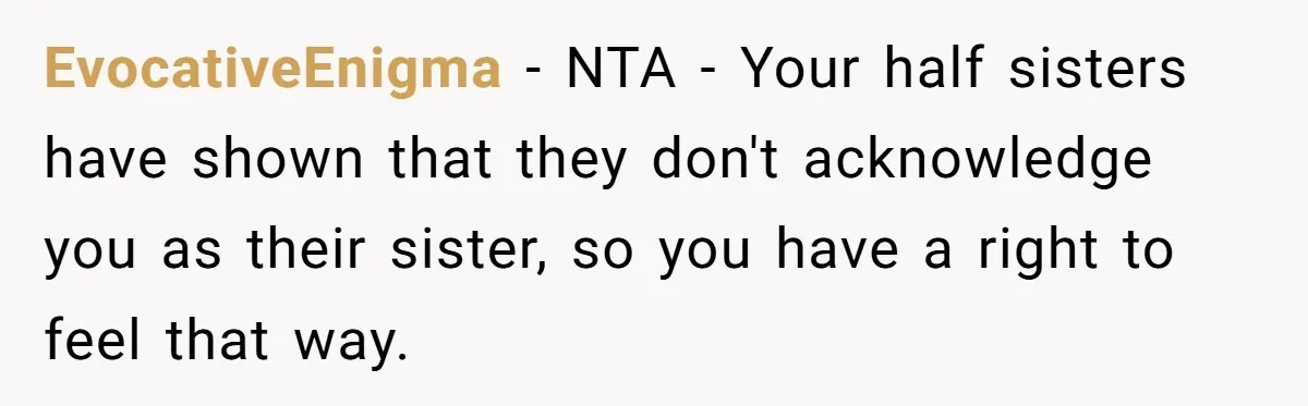 Youngest Daughter Skips Inviting Sisters To Birthday Party And Reveals Heartbreaking Truth To Frustrated Mom EvocativeEnigma − NTA - Your half sisters have shown that they don't acknowledge you as their sister, so you have a right to feel that way.
