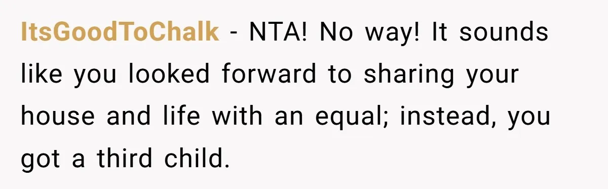 ItsGoodToChalk − NTA! No way! It sounds like you looked forward to sharing your house and life with an equal; instead, you got a third child.