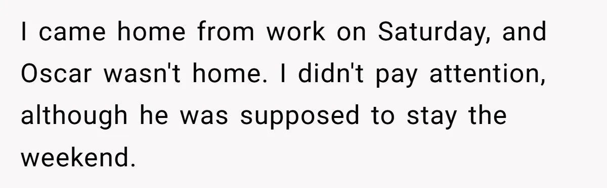 I came home from work on Saturday, and Oscar wasn't home. I didn't pay attention, although he was supposed to stay the weekend.