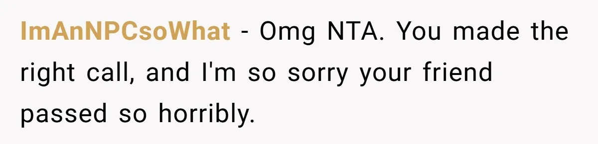 ImAnNPCsoWhat − Omg NTA. You made the right call, and I'm so sorry your friend passed so horribly.