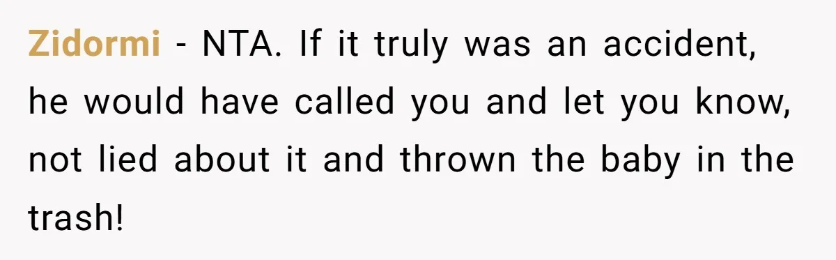 Zidormi − NTA. If it truly was an accident, he would have called you and let you know, not lied about it and thrown the baby in the trash!