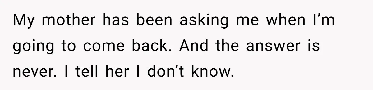 My mother has been asking me when I’m going to come back. And the answer is never. I tell her I don’t know.