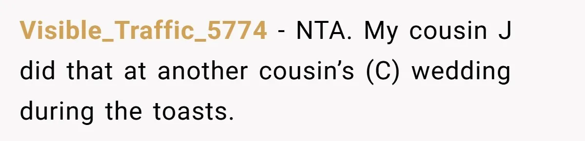 Visible_Traffic_5774 − NTA. My cousin J did that at another cousin’s (C) wedding during the toasts.