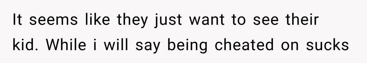 It seems like they just want to see their kid. While i will say being cheated on sucks