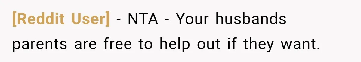 [Reddit User] − NTA - Your husbands parents are free to help out if they want.