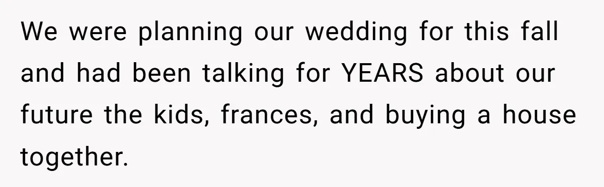 We were planning our wedding for this fall and had been talking for YEARS about our future the kids, frances, and buying a house together.