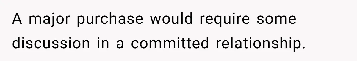A major purchase would require some discussion in a committed relationship.