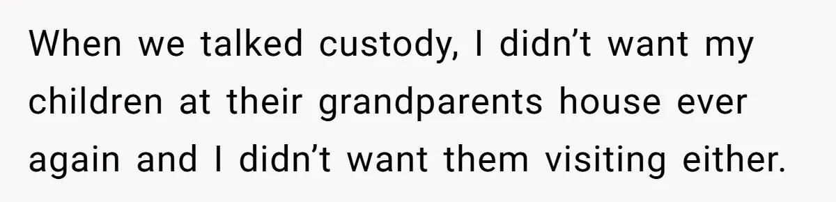 When we talked custody, I didn’t want my children at their grandparents house ever again and I didn’t want them visiting either.