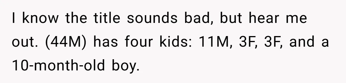 I know the title sounds bad, but hear me out. (44M) has four kids: 11M, 3F, 3F, and a 10-month-old boy.