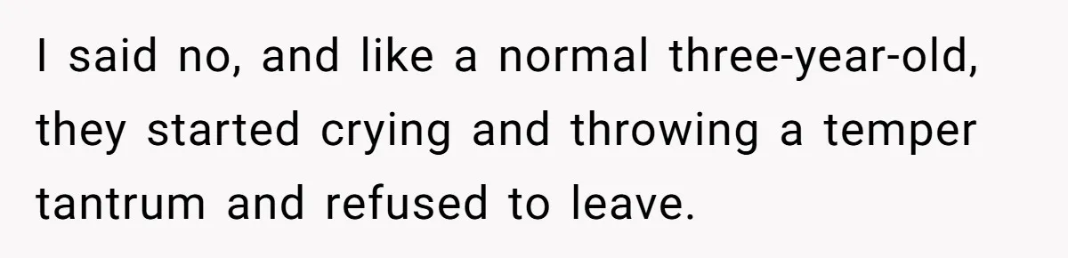 I said no, and like a normal three-year-old, they started crying and throwing a temper tantrum and refused to leave.