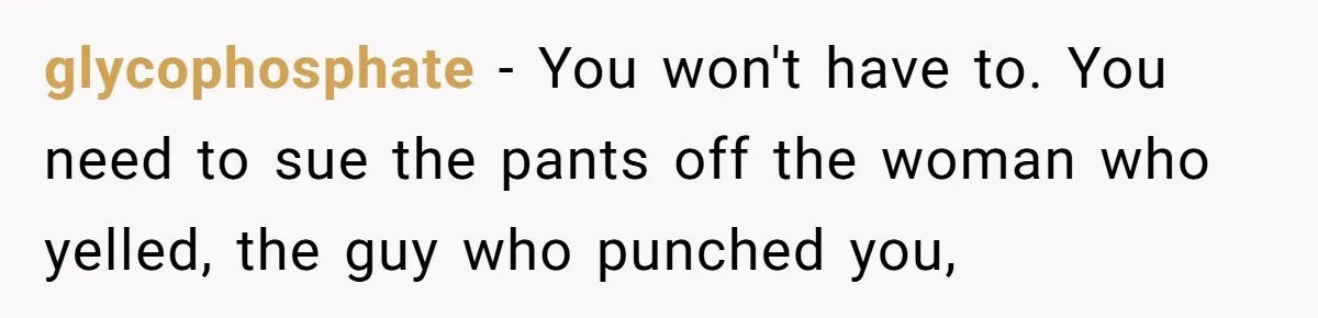 glycophosphate − You won't have to. You need to sue the pants off the woman who yelled, the guy who punched you,