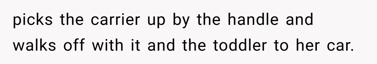 picks the carrier up by the handle and walks off with it and the toddler to her car.
