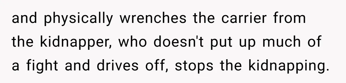 and physically wrenches the carrier from the kidnapper, who doesn't put up much of a fight and drives off, stops the kidnapping.