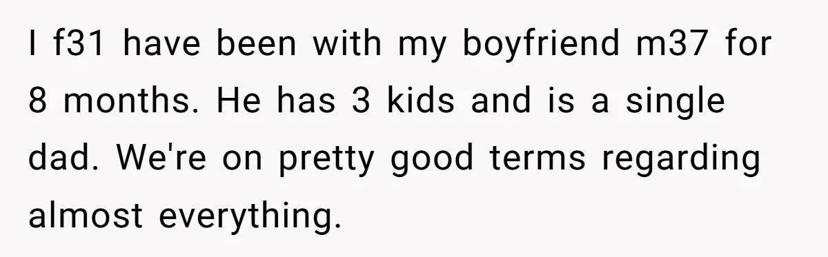 I f31 have been with my boyfriend m37 for 8 months. He has 3 kids and is a single dad. We're on pretty good terms regarding almost everything.