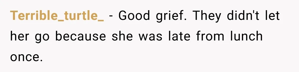 Terrible_turtle_ − Good grief. They didn't let her go because she was late from lunch once.