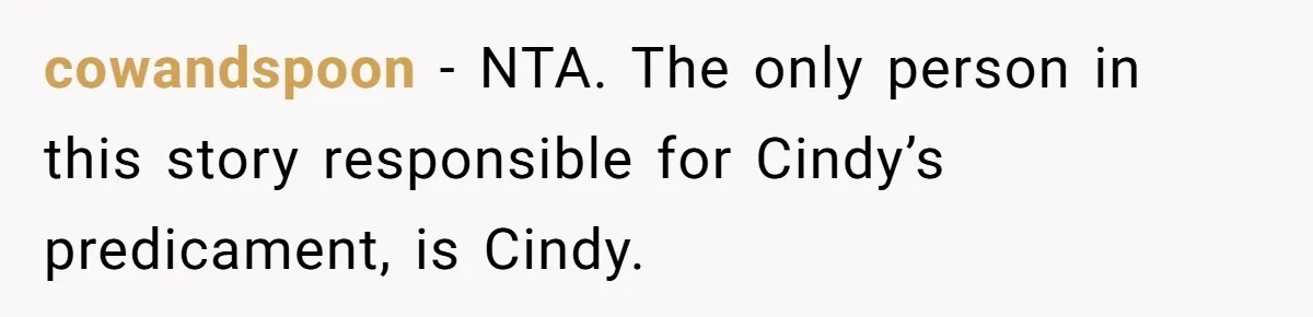 cowandspoon − NTA. The only person in this story responsible for Cindy’s predicament, is Cindy.