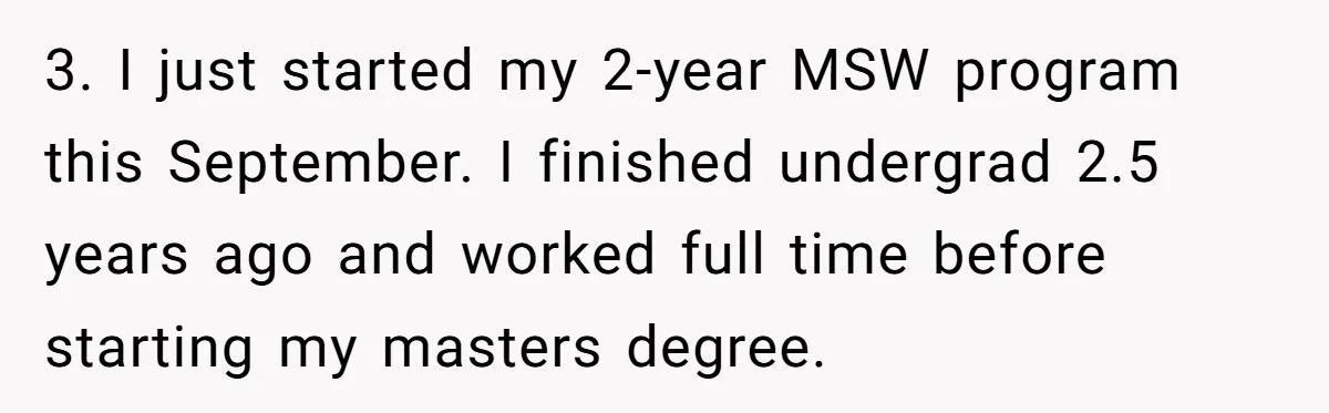 3. I just started my 2-year MSW program this September. I finished undergrad 2.5 years ago and worked full time before starting my masters degree.