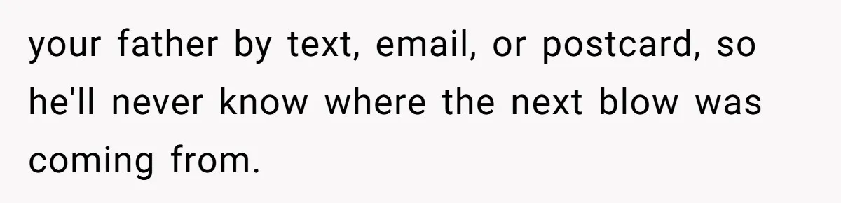 your father by text, email, or postcard, so he'll never know where the next blow was coming from.