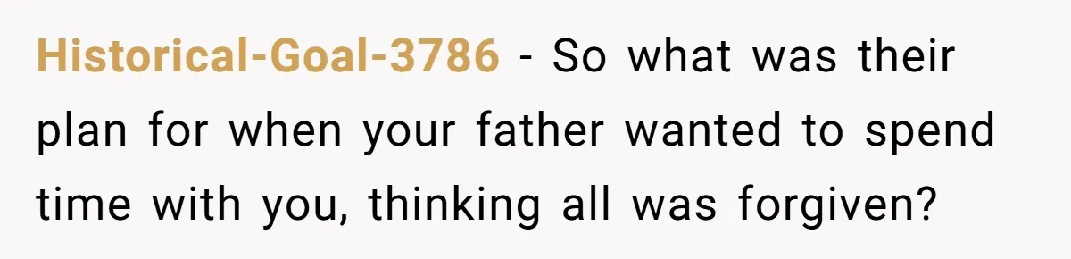 Historical-Goal-3786 − So what was their plan for when your father wanted to spend time with you, thinking all was forgiven?