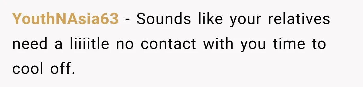 YouthNAsia63 − Sounds like your relatives need a liiiitle no contact with you time to cool off.