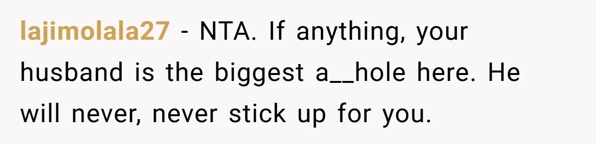 lajimolala27 − NTA. If anything, your husband is the biggest a__hole here. He will never, never stick up for you.