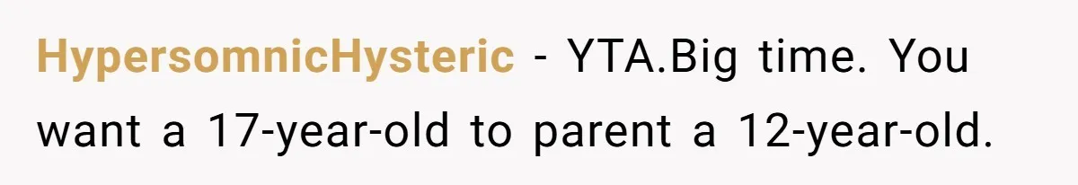 HypersomnicHysteric − YTA.Big time. You want a 17-year-old to parent a 12-year-old.
