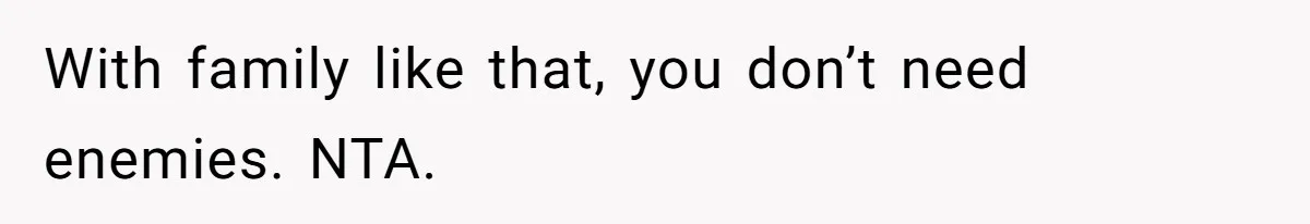 With family like that, you don’t need enemies. NTA.