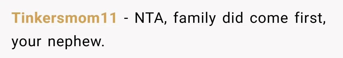Tinkersmom11 − NTA, family did come first, your nephew.