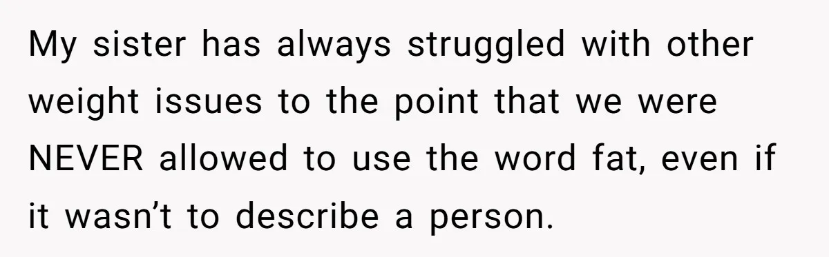 My sister has always struggled with other weight issues to the point that we were NEVER allowed to use the word fat, even if it wasn’t to describe a person.