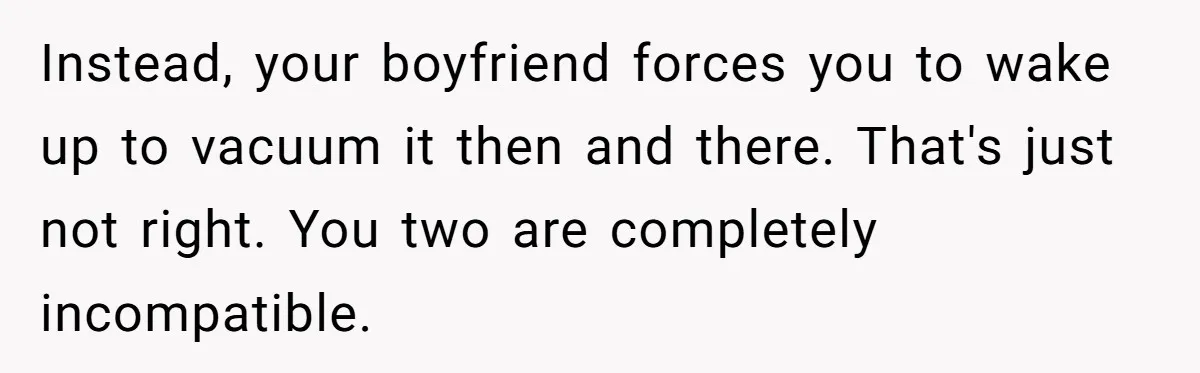 Instead, your boyfriend forces you to wake up to vacuum it then and there. That's just not right. You two are completely incompatible.