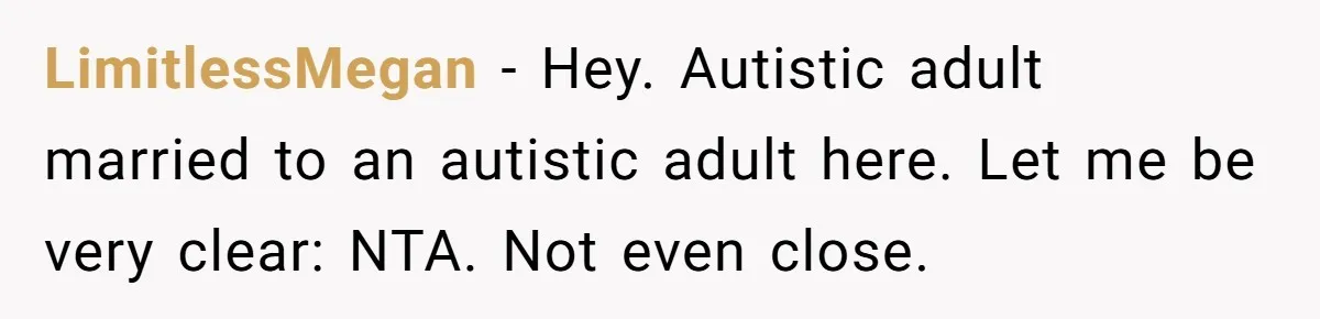 LimitlessMegan − Hey. Autistic adult married to an autistic adult here. Let me be very clear: NTA. Not even close.