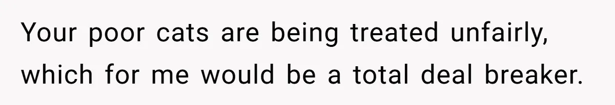 Your poor cats are being treated unfairly, which for me would be a total deal breaker.