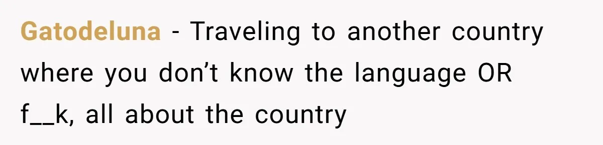 Gatodeluna − Traveling to another country where you don’t know the language OR f__k, all about the country