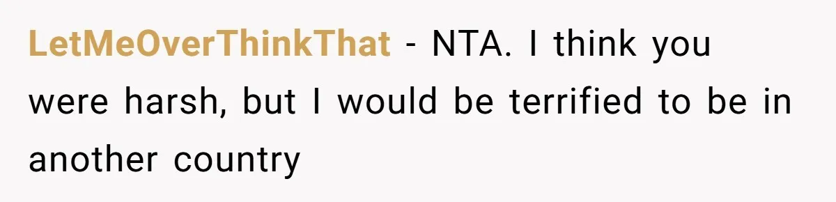 LetMeOverThinkThat − NTA. I think you were harsh, but I would be terrified to be in another country