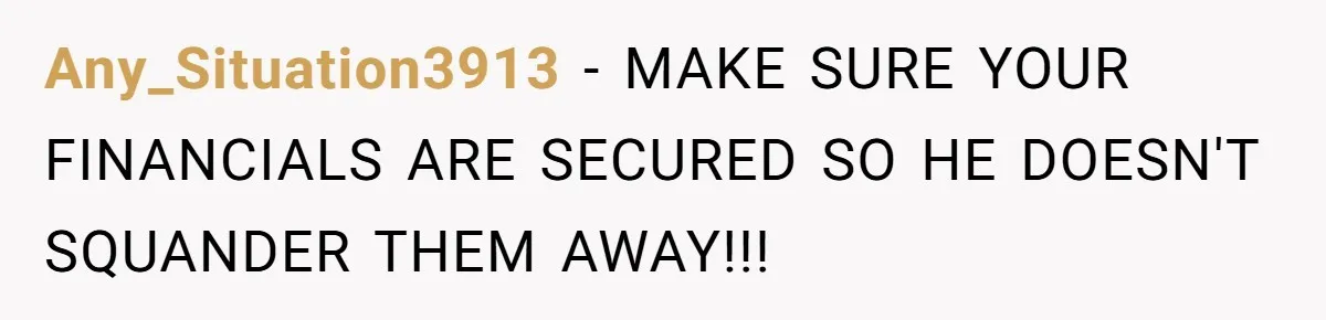 Any_Situation3913 − MAKE SURE YOUR FINANCIALS ARE SECURED SO HE DOESN'T SQUANDER THEM AWAY!!!