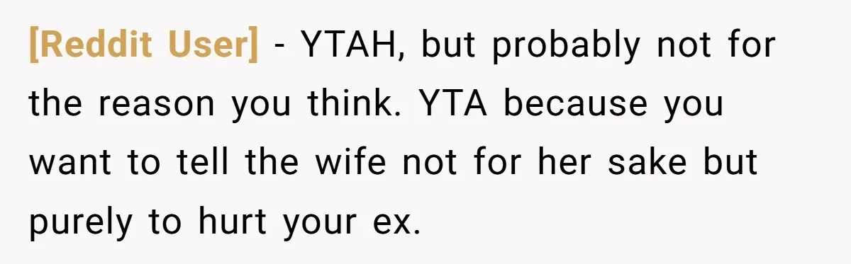 [Reddit User] − YTAH, but probably not for the reason you think. YTA because you want to tell the wife not for her sake but purely to hurt your ex.