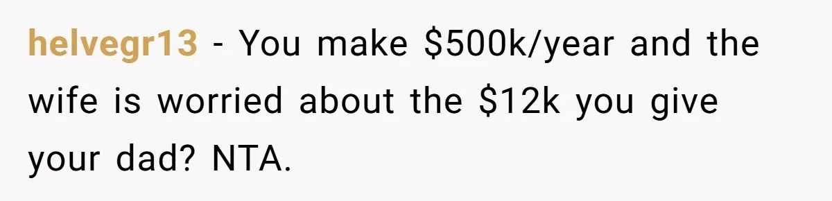 Man Gives Dad $1,000 A Month Despite Wife’s Objections, Faces Accusations Of Guilt-Tripping helvegr13 − You make $500k/year and the wife is worried about the $12k you give your dad? NTA.