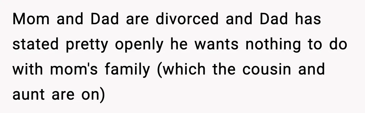 Mom and Dad are divorced and Dad has stated pretty openly he wants nothing to do with mom's family (which the cousin and aunt are on)