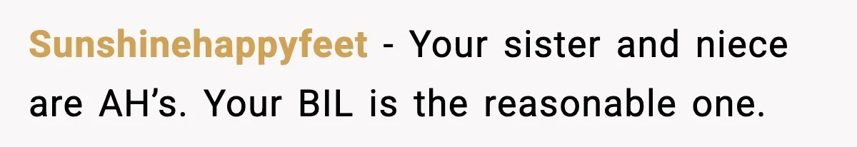 Sunshinehappyfeet − Your sister and niece are AH’s. Your BIL is the reasonable one.