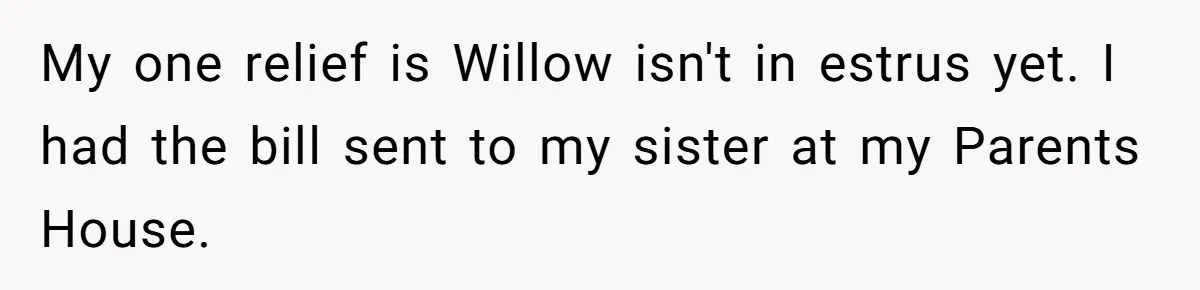 Horse Breeder Sends Little Sister Vet Bill After She Tried To Breed Stallion Without Permission My one relief is Willow isn't in estrus yet. I had the bill sent to my sister at my Parents House.