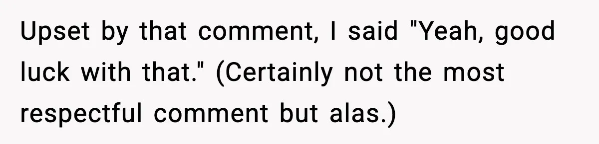 Upset by that comment, I said "Yeah, good luck with that." (Certainly not the most respectful comment but alas.)