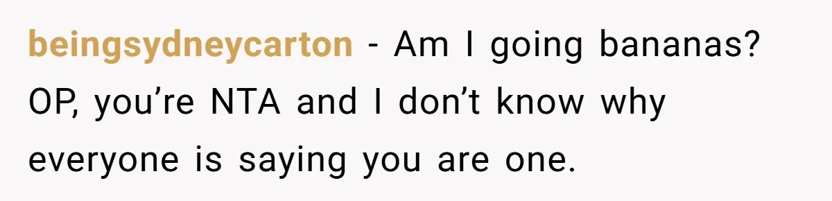 beingsydneycarton − Am I going bananas? OP, you’re NTA and I don’t know why everyone is saying you are one.